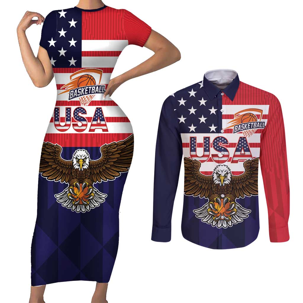 United States Basketball Custom Couples Matching Short Sleeve Bodycon Dress and Long Sleeve Button Shirt Team USA One For All