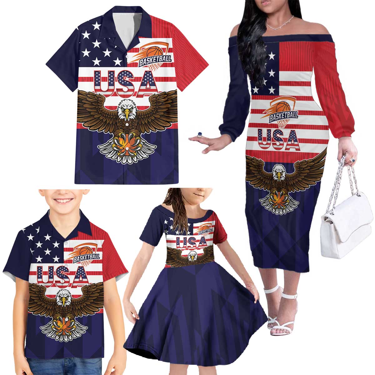 United States Basketball Custom Family Matching Off The Shoulder Long Sleeve Dress and Hawaiian Shirt Team USA One For All