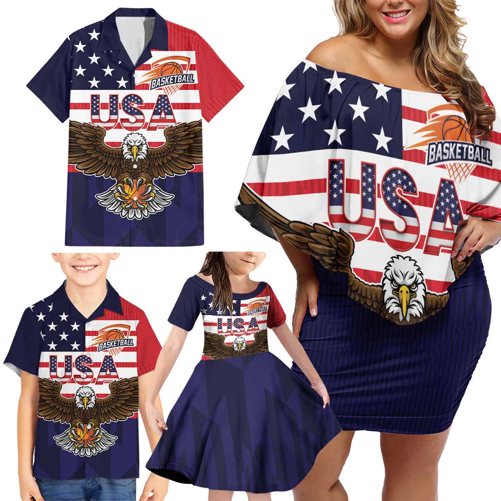 United States Basketball Custom Family Matching Off Shoulder Short Dress and Hawaiian Shirt Team USA One For All