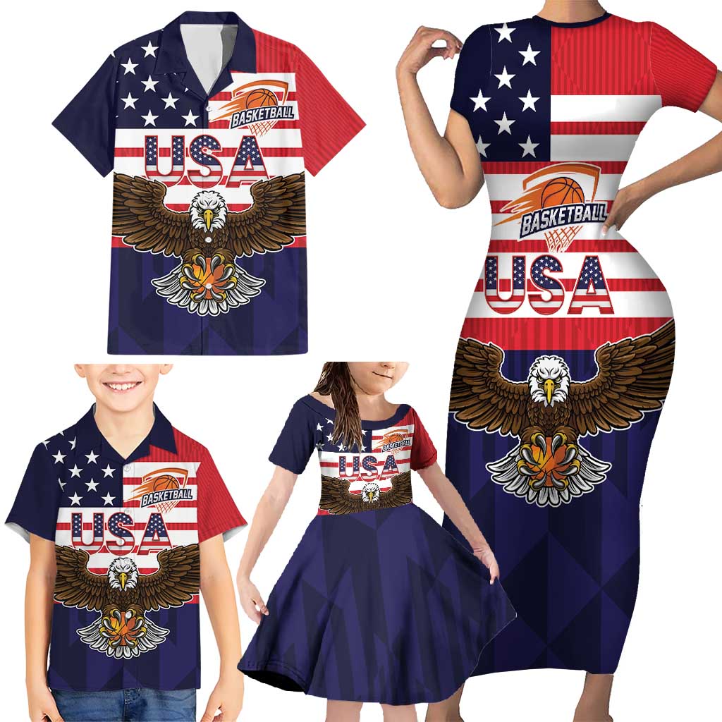 United States Basketball Custom Family Matching Short Sleeve Bodycon Dress and Hawaiian Shirt Team USA One For All