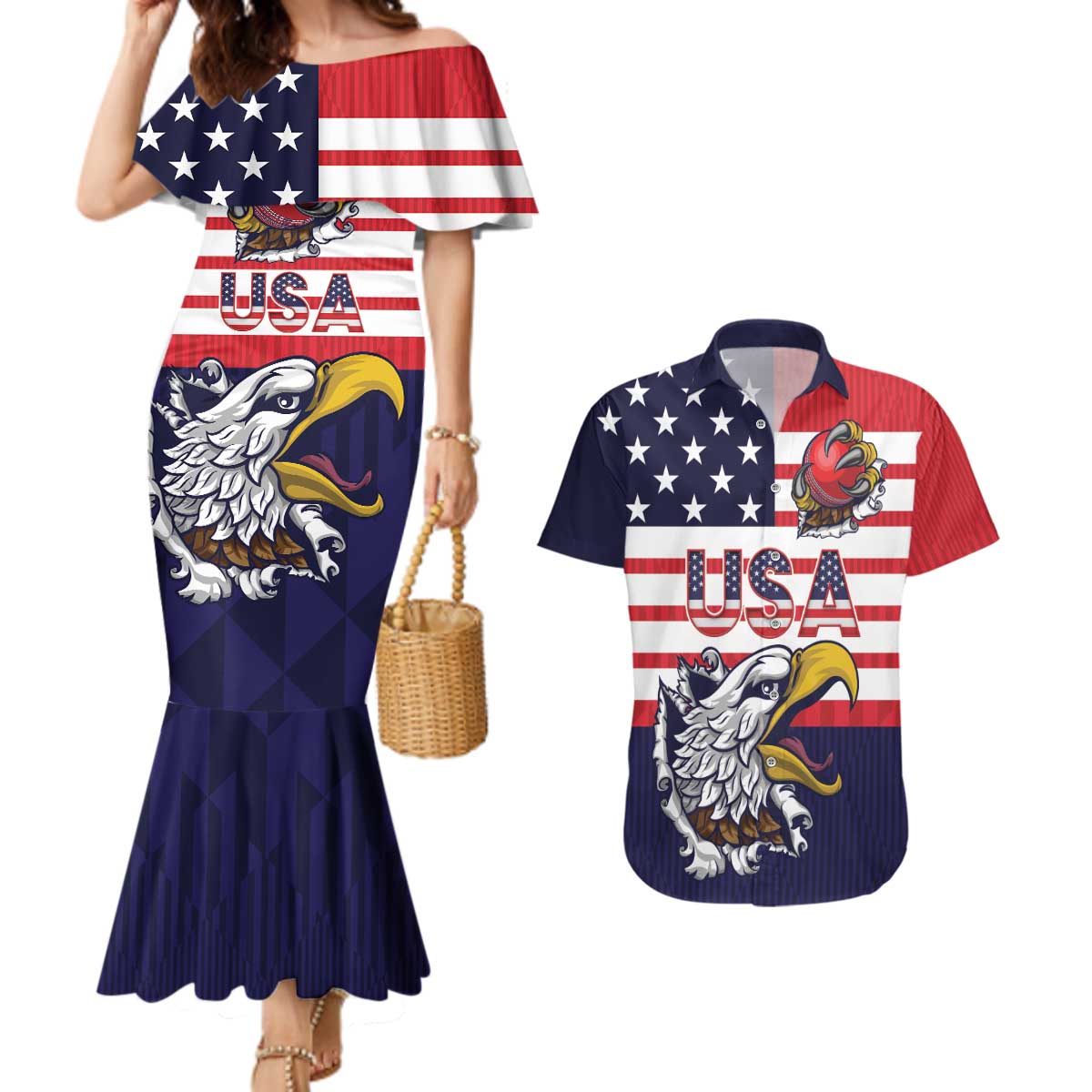 United States Cricket Custom Couples Matching Mermaid Dress and Hawaiian Shirt Team USA One For All