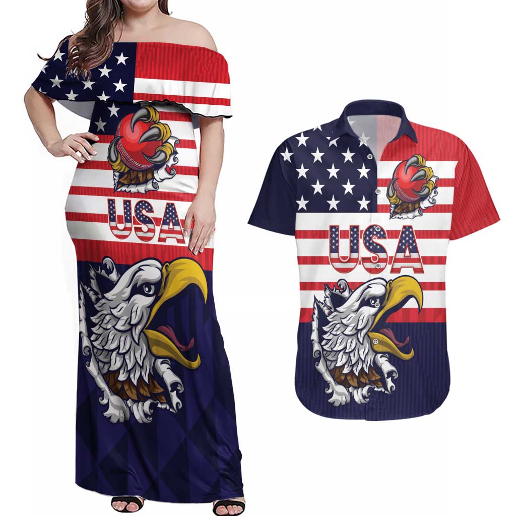 United States Cricket Custom Couples Matching Off Shoulder Maxi Dress and Hawaiian Shirt Team USA One For All