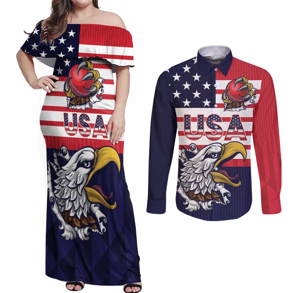 United States Cricket Custom Couples Matching Off Shoulder Maxi Dress and Long Sleeve Button Shirt Team USA One For All