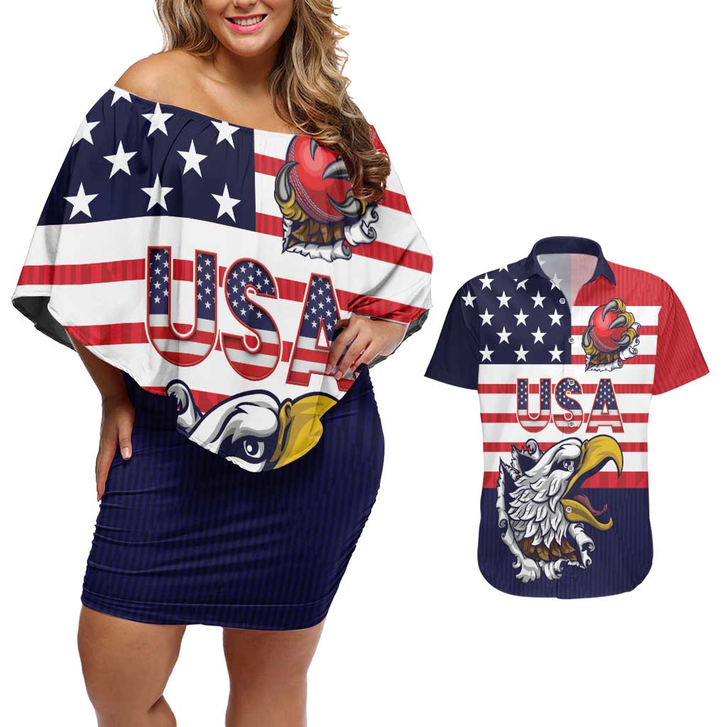 United States Cricket Custom Couples Matching Off Shoulder Short Dress and Hawaiian Shirt Team USA One For All