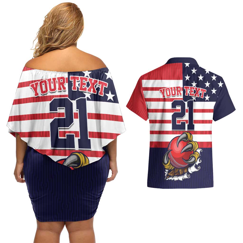 United States Cricket Custom Couples Matching Off Shoulder Short Dress and Hawaiian Shirt Team USA One For All