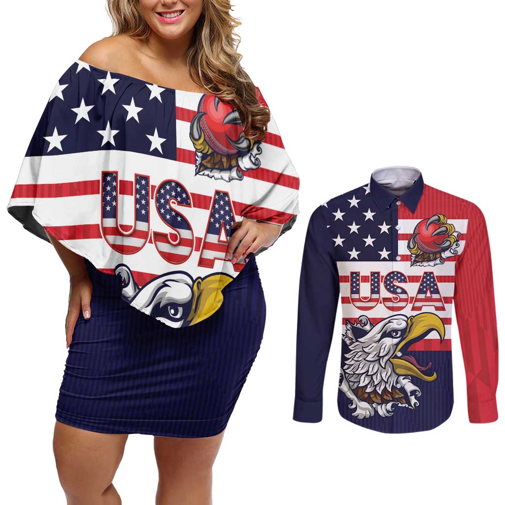 United States Cricket Custom Couples Matching Off Shoulder Short Dress and Long Sleeve Button Shirt Team USA One For All