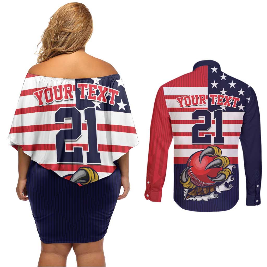 United States Cricket Custom Couples Matching Off Shoulder Short Dress and Long Sleeve Button Shirt Team USA One For All