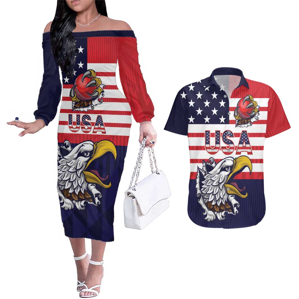 United States Cricket Custom Couples Matching Off The Shoulder Long Sleeve Dress and Hawaiian Shirt Team USA One For All