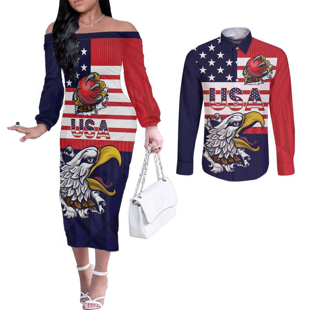 United States Cricket Custom Couples Matching Off The Shoulder Long Sleeve Dress and Long Sleeve Button Shirt Team USA One For All