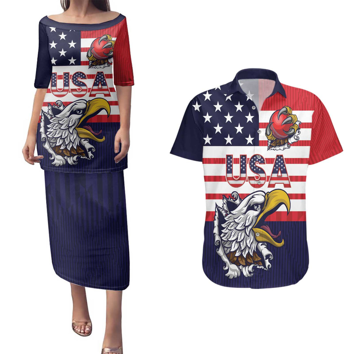United States Cricket Custom Couples Matching Puletasi and Hawaiian Shirt Team USA One For All