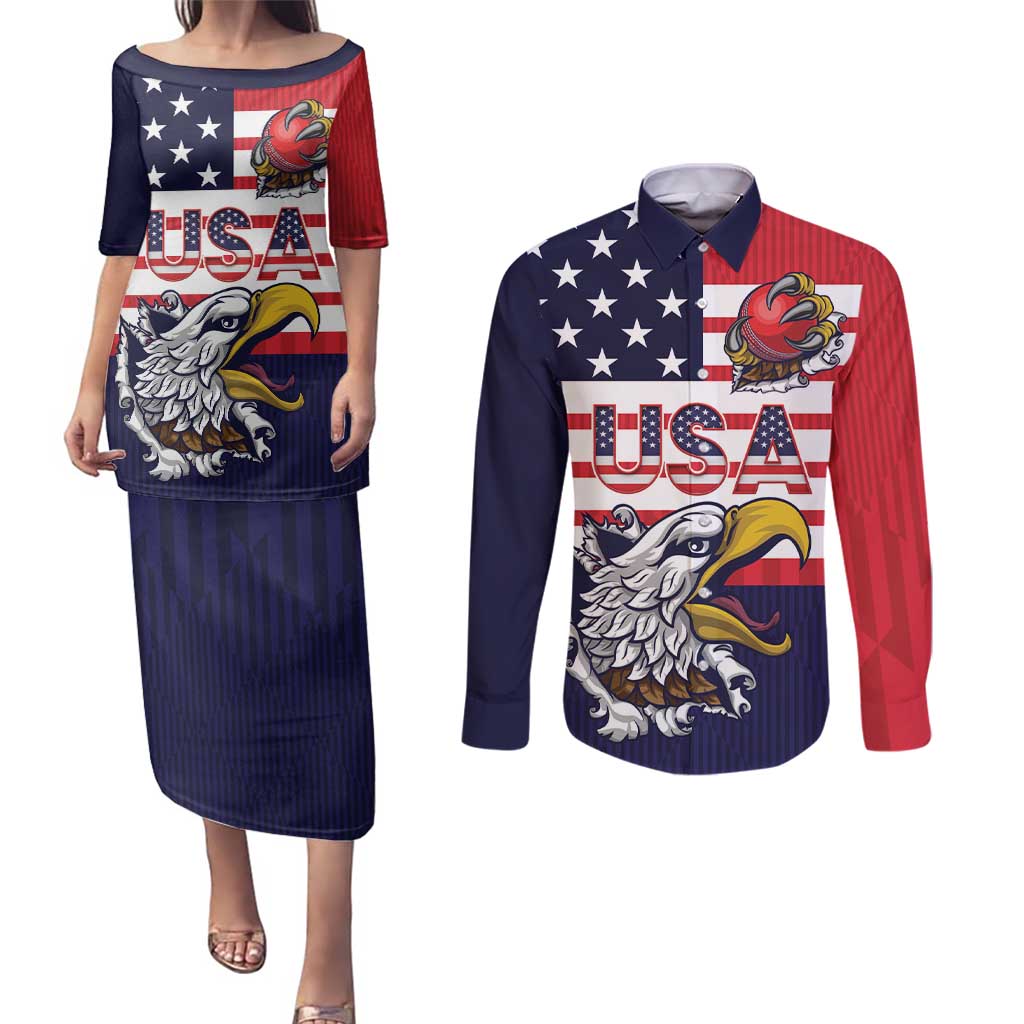 United States Cricket Custom Couples Matching Puletasi and Long Sleeve Button Shirt Team USA One For All