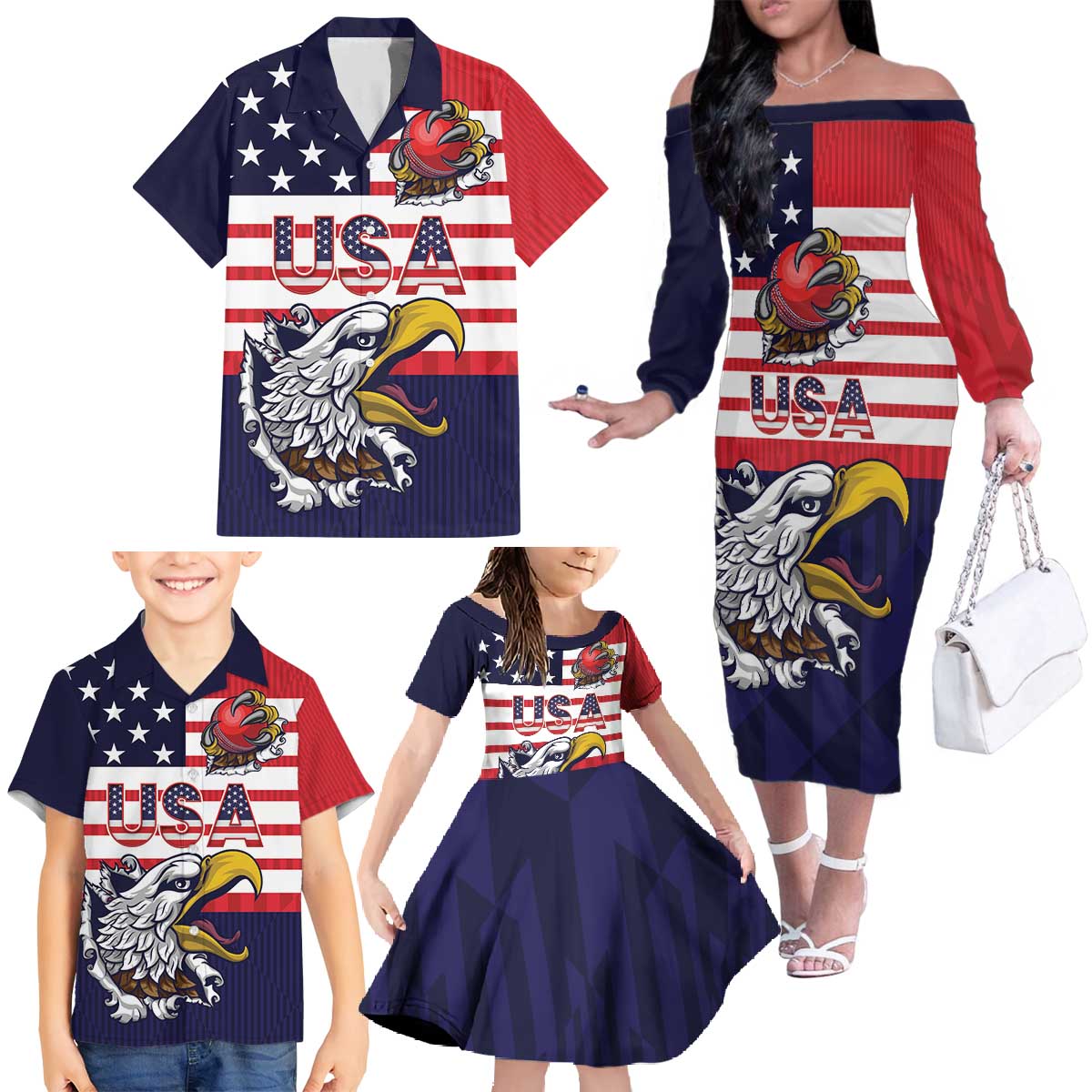 United States Cricket Custom Family Matching Off The Shoulder Long Sleeve Dress and Hawaiian Shirt Team USA One For All