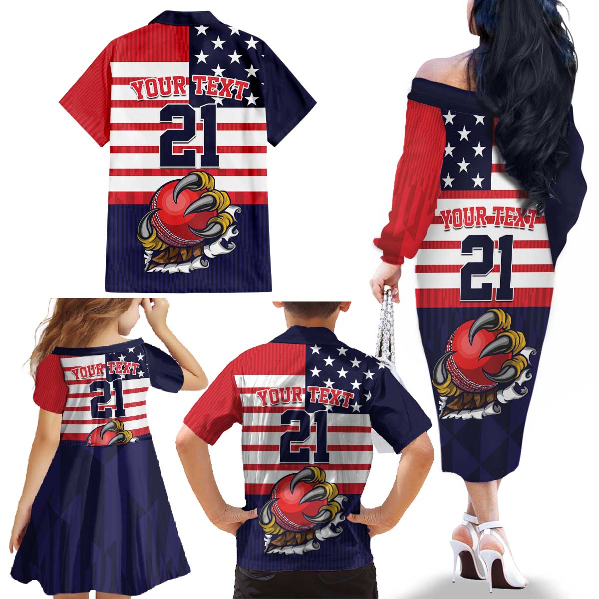 United States Cricket Custom Family Matching Off The Shoulder Long Sleeve Dress and Hawaiian Shirt Team USA One For All