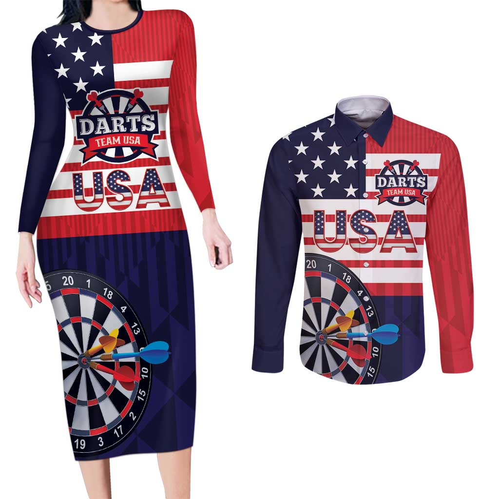 United States Dart Custom Couples Matching Long Sleeve Bodycon Dress and Long Sleeve Button Shirt Team USA One For All