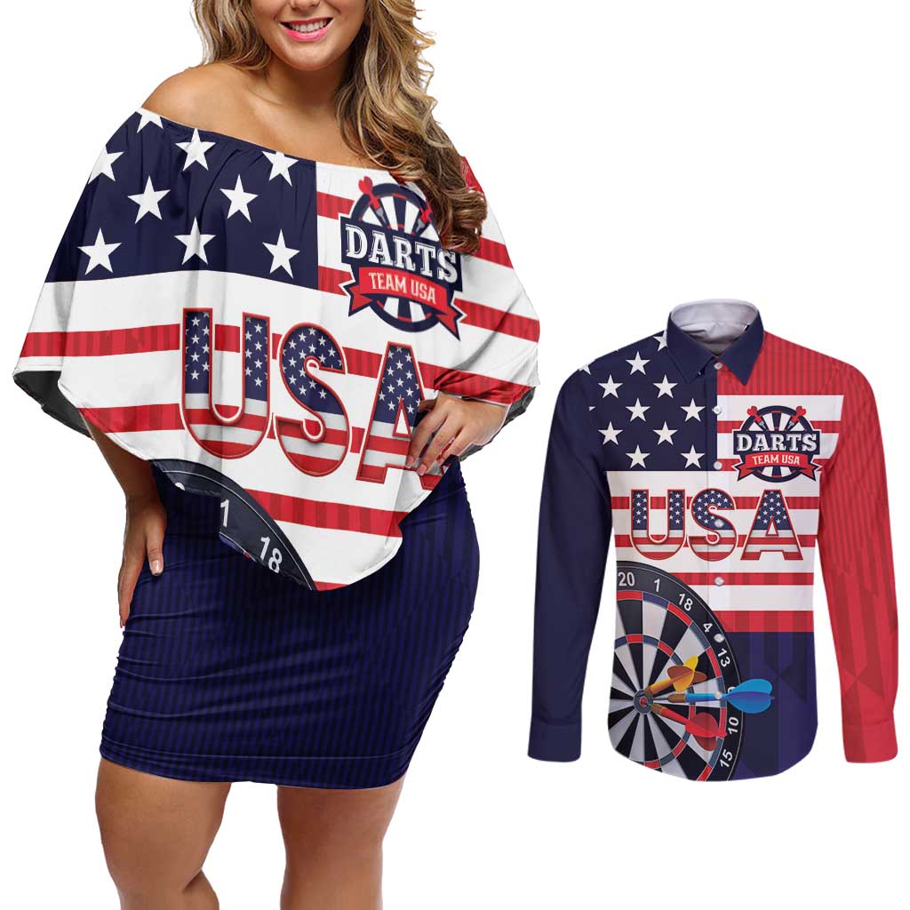 United States Dart Custom Couples Matching Off Shoulder Short Dress and Long Sleeve Button Shirt Team USA One For All