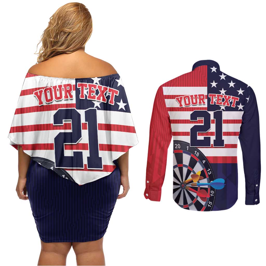 United States Dart Custom Couples Matching Off Shoulder Short Dress and Long Sleeve Button Shirt Team USA One For All