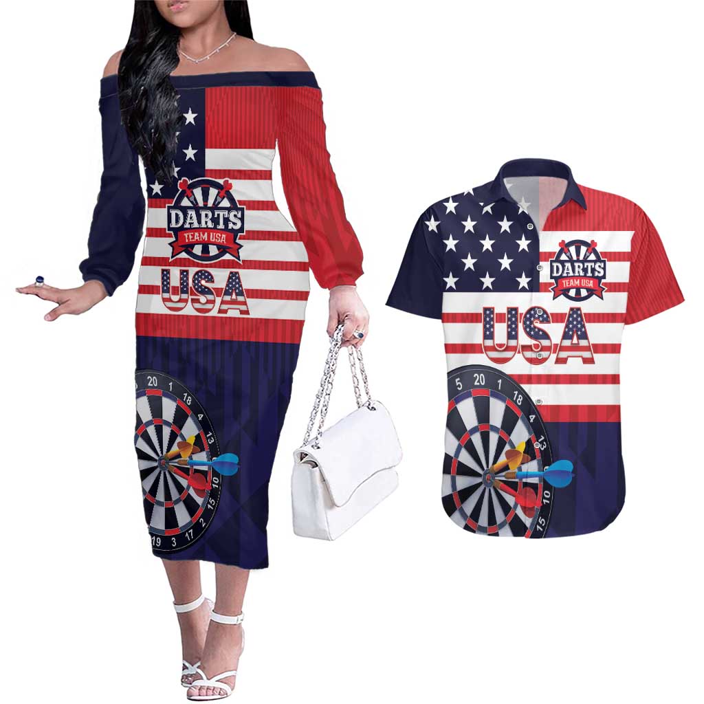 United States Dart Custom Couples Matching Off The Shoulder Long Sleeve Dress and Hawaiian Shirt Team USA One For All