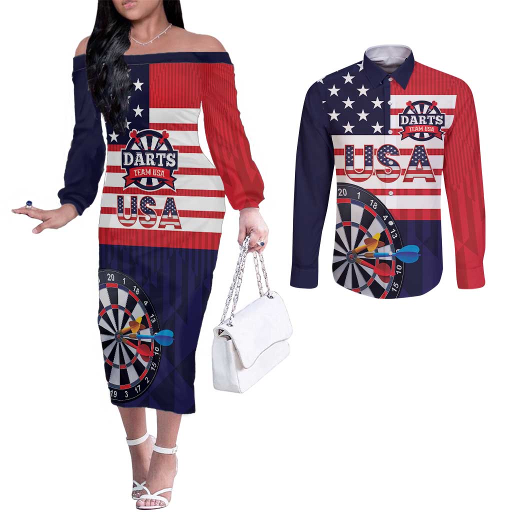 United States Dart Custom Couples Matching Off The Shoulder Long Sleeve Dress and Long Sleeve Button Shirt Team USA One For All