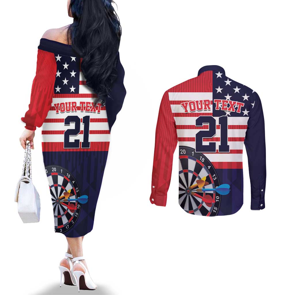 United States Dart Custom Couples Matching Off The Shoulder Long Sleeve Dress and Long Sleeve Button Shirt Team USA One For All