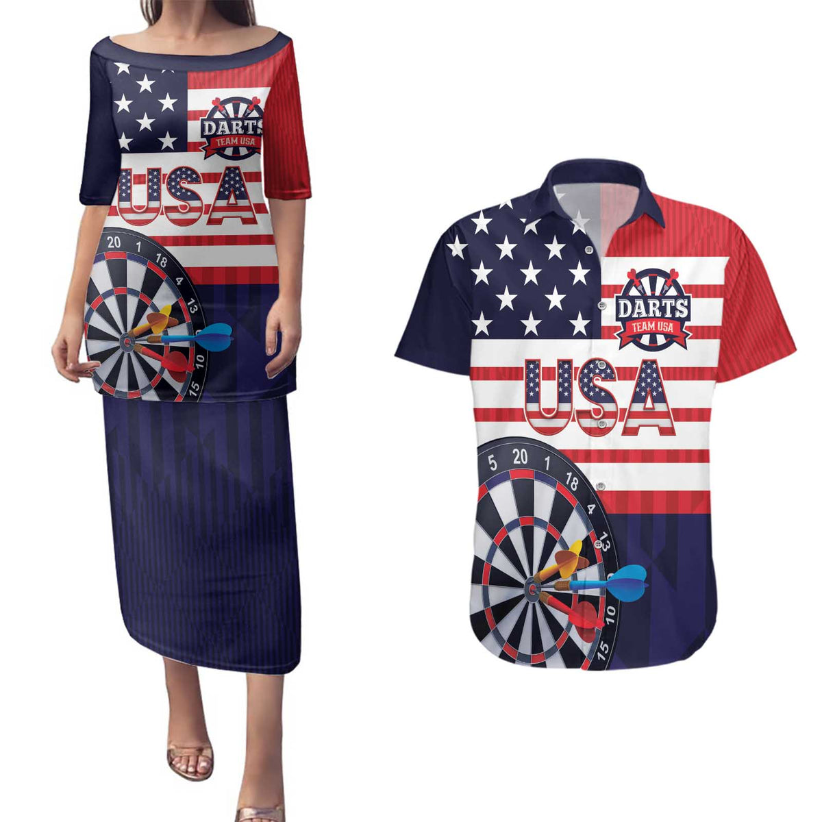 United States Dart Custom Couples Matching Puletasi and Hawaiian Shirt Team USA One For All
