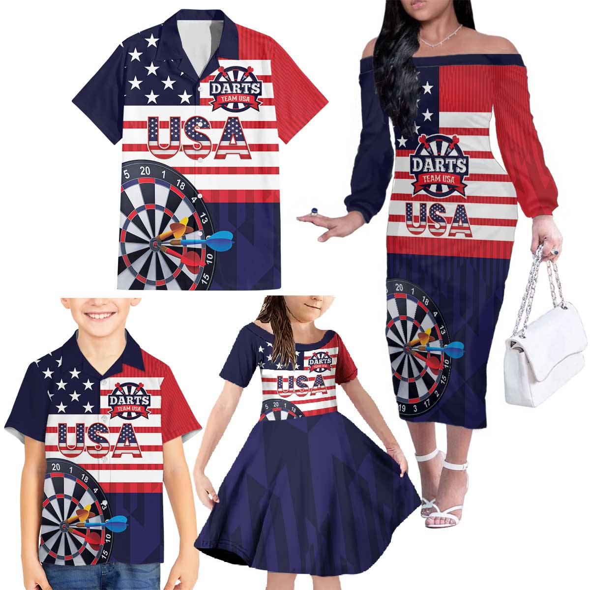 United States Dart Custom Family Matching Off The Shoulder Long Sleeve Dress and Hawaiian Shirt Team USA One For All