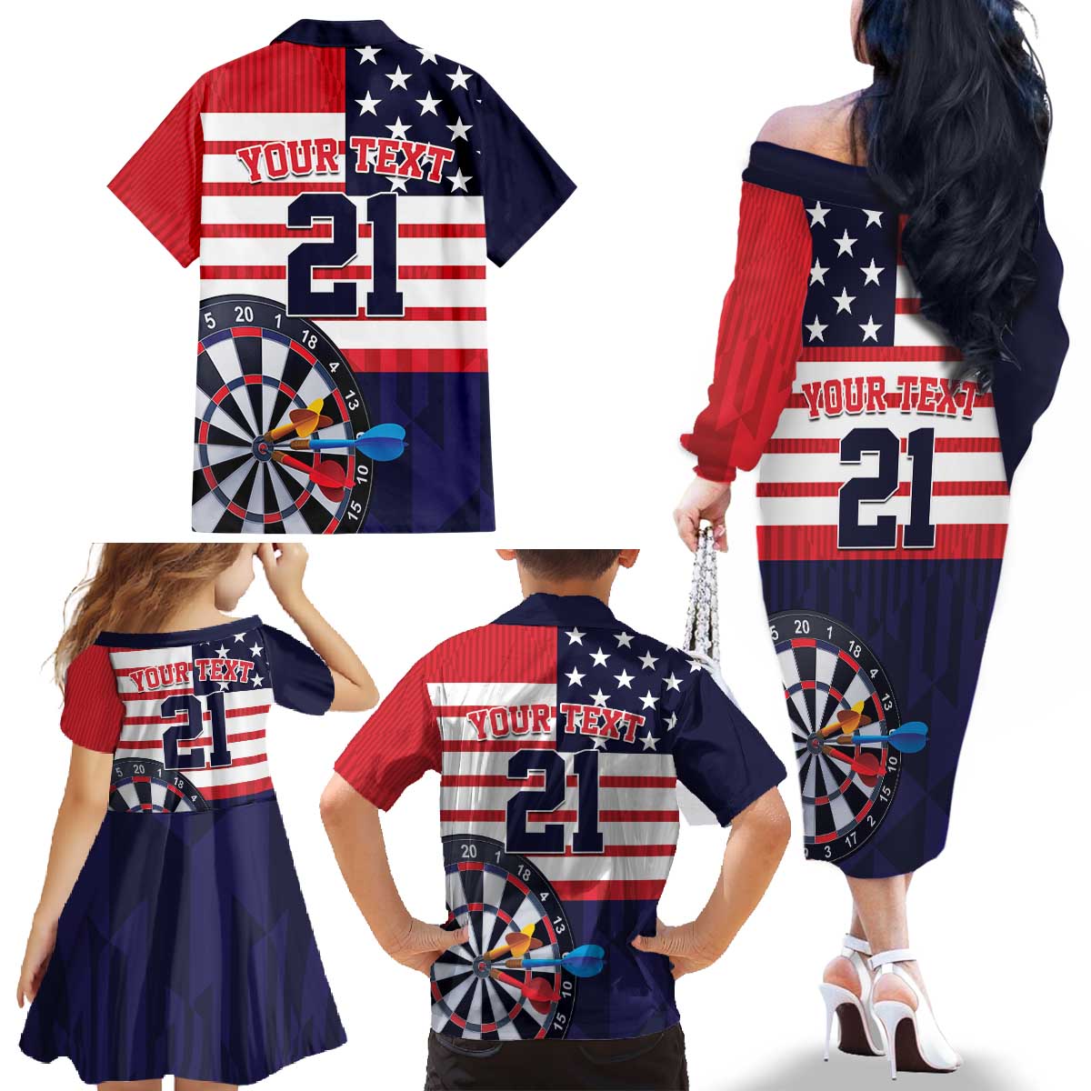 United States Dart Custom Family Matching Off The Shoulder Long Sleeve Dress and Hawaiian Shirt Team USA One For All
