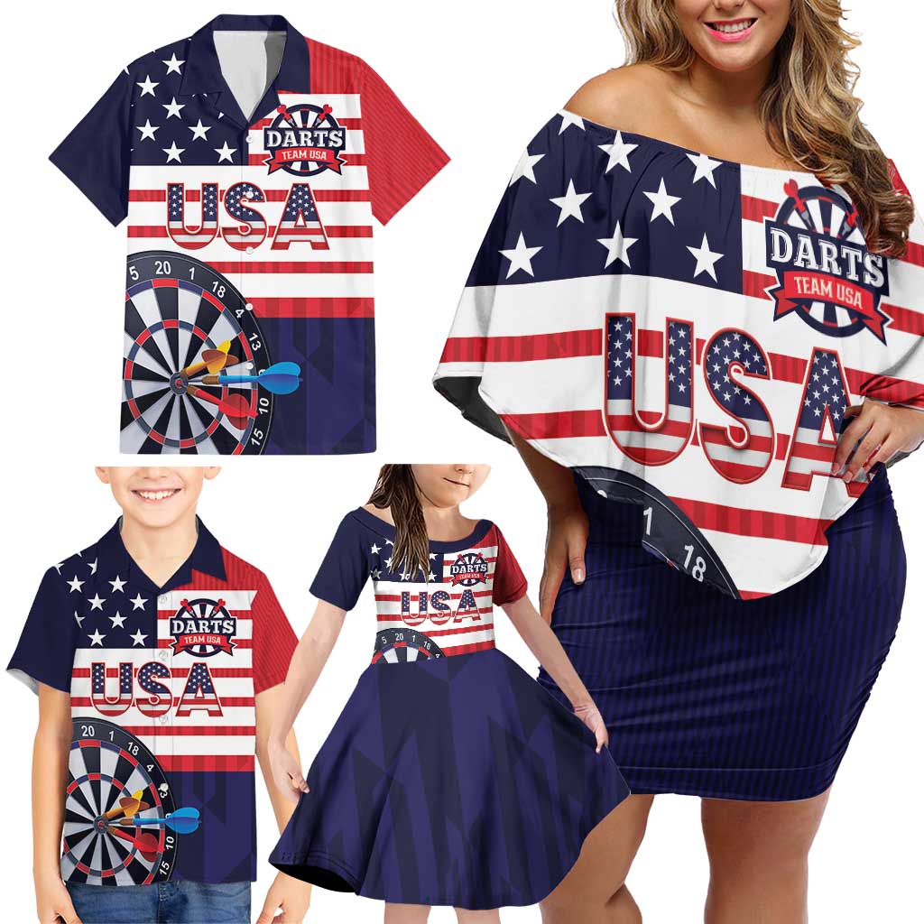 United States Dart Custom Family Matching Off Shoulder Short Dress and Hawaiian Shirt Team USA One For All