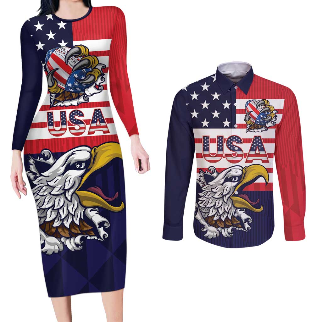 United States Football Custom Couples Matching Long Sleeve Bodycon Dress and Long Sleeve Button Shirt Team USA One For All
