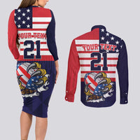 United States Football Custom Couples Matching Long Sleeve Bodycon Dress and Long Sleeve Button Shirt Team USA One For All
