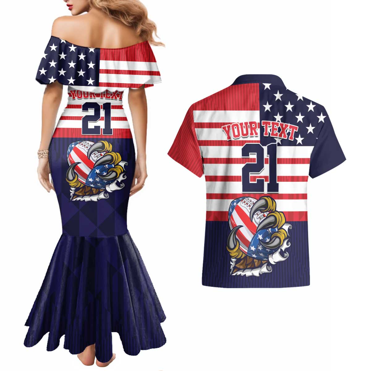 United States Football Custom Couples Matching Mermaid Dress and Hawaiian Shirt Team USA One For All