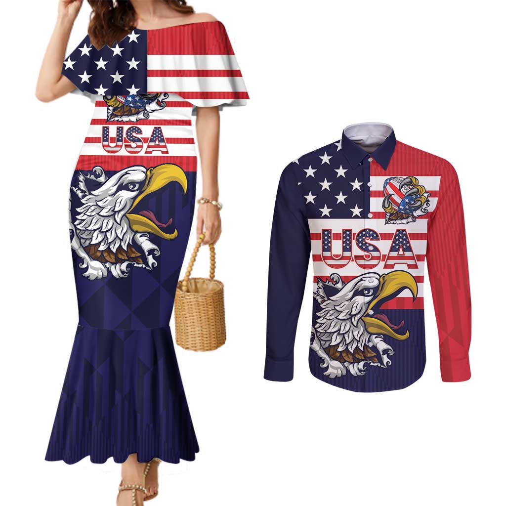 United States Football Custom Couples Matching Mermaid Dress and Long Sleeve Button Shirt Team USA One For All