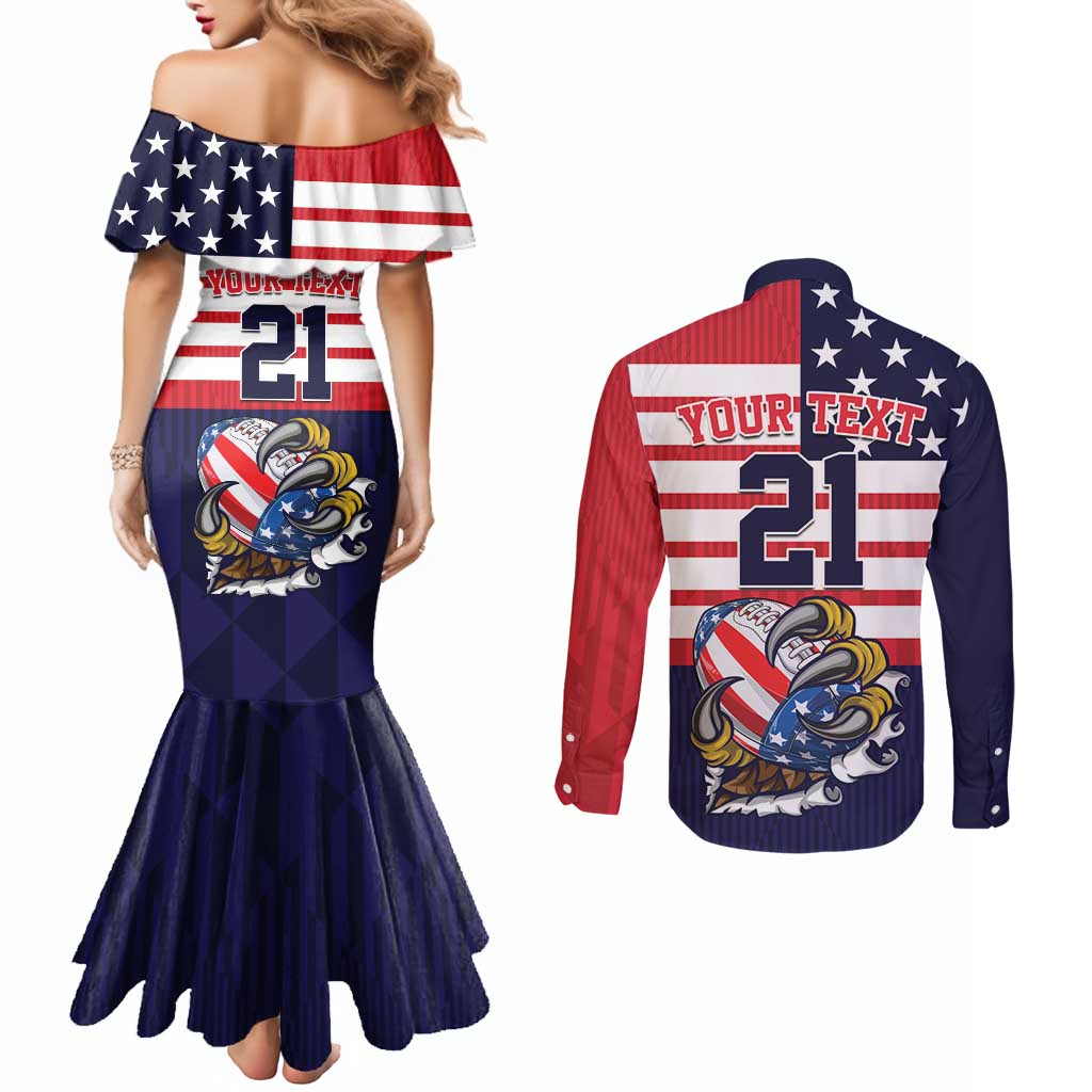 United States Football Custom Couples Matching Mermaid Dress and Long Sleeve Button Shirt Team USA One For All