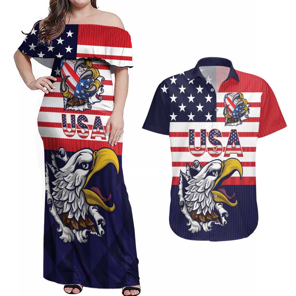 United States Football Custom Couples Matching Off Shoulder Maxi Dress and Hawaiian Shirt Team USA One For All
