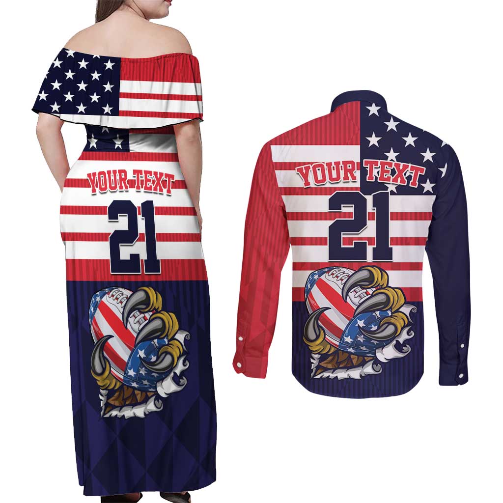 United States Football Custom Couples Matching Off Shoulder Maxi Dress and Long Sleeve Button Shirt Team USA One For All
