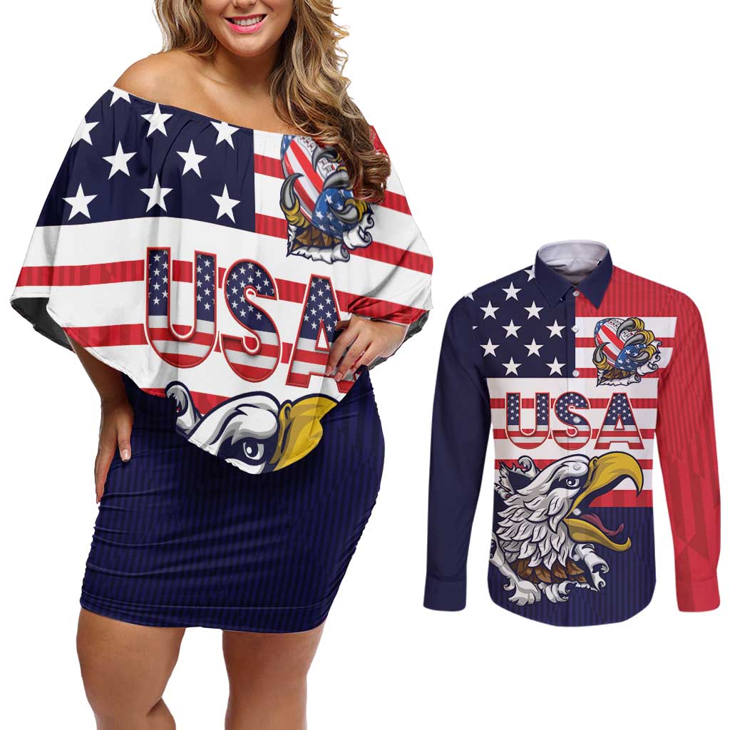 United States Football Custom Couples Matching Off Shoulder Short Dress and Long Sleeve Button Shirt Team USA One For All