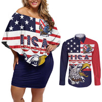 United States Football Custom Couples Matching Off Shoulder Short Dress and Long Sleeve Button Shirt Team USA One For All
