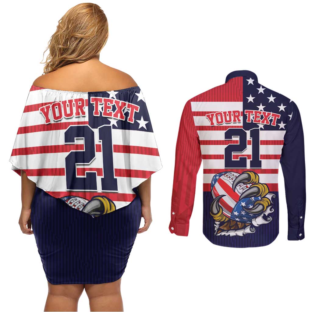 United States Football Custom Couples Matching Off Shoulder Short Dress and Long Sleeve Button Shirt Team USA One For All