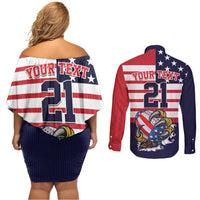United States Football Custom Couples Matching Off Shoulder Short Dress and Long Sleeve Button Shirt Team USA One For All