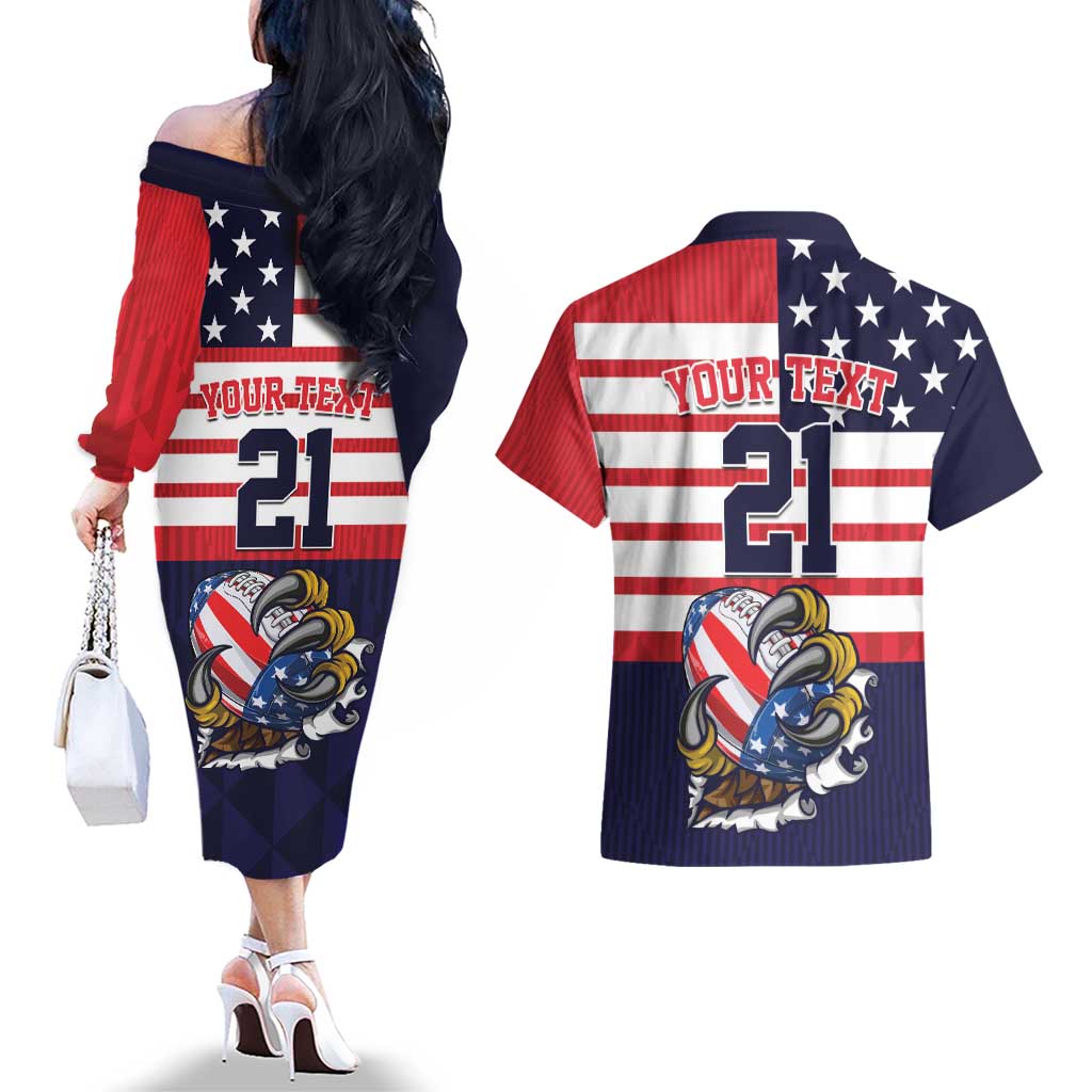 United States Football Custom Couples Matching Off The Shoulder Long Sleeve Dress and Hawaiian Shirt Team USA One For All