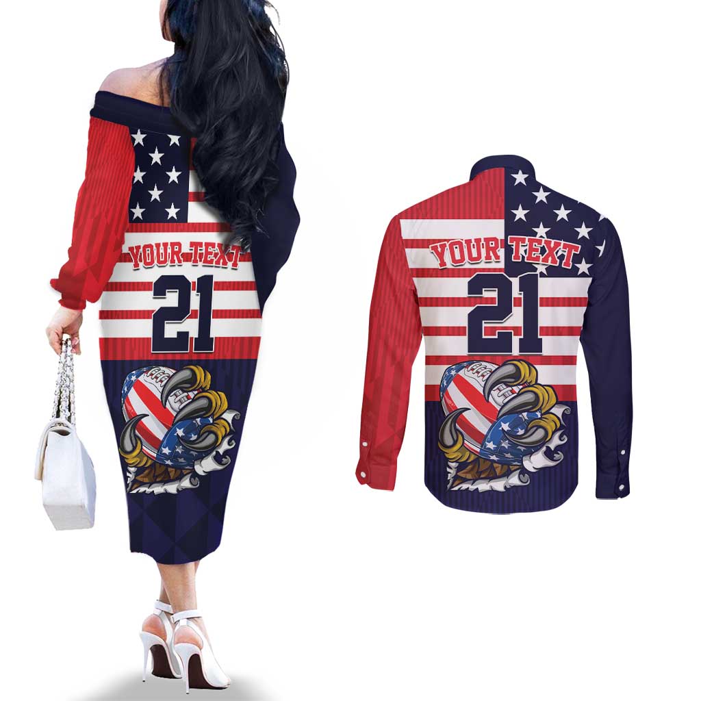 United States Football Custom Couples Matching Off The Shoulder Long Sleeve Dress and Long Sleeve Button Shirt Team USA One For All