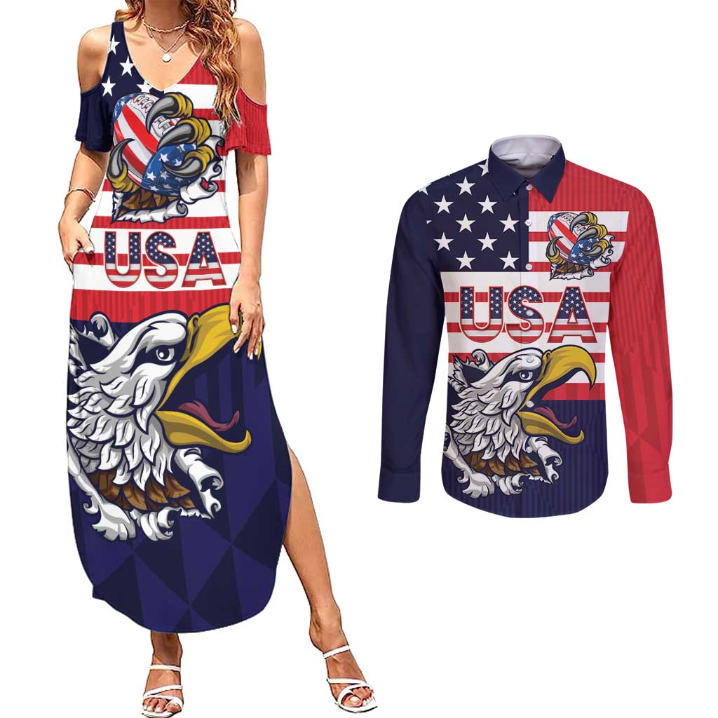 United States Football Custom Couples Matching Summer Maxi Dress and Long Sleeve Button Shirt Team USA One For All