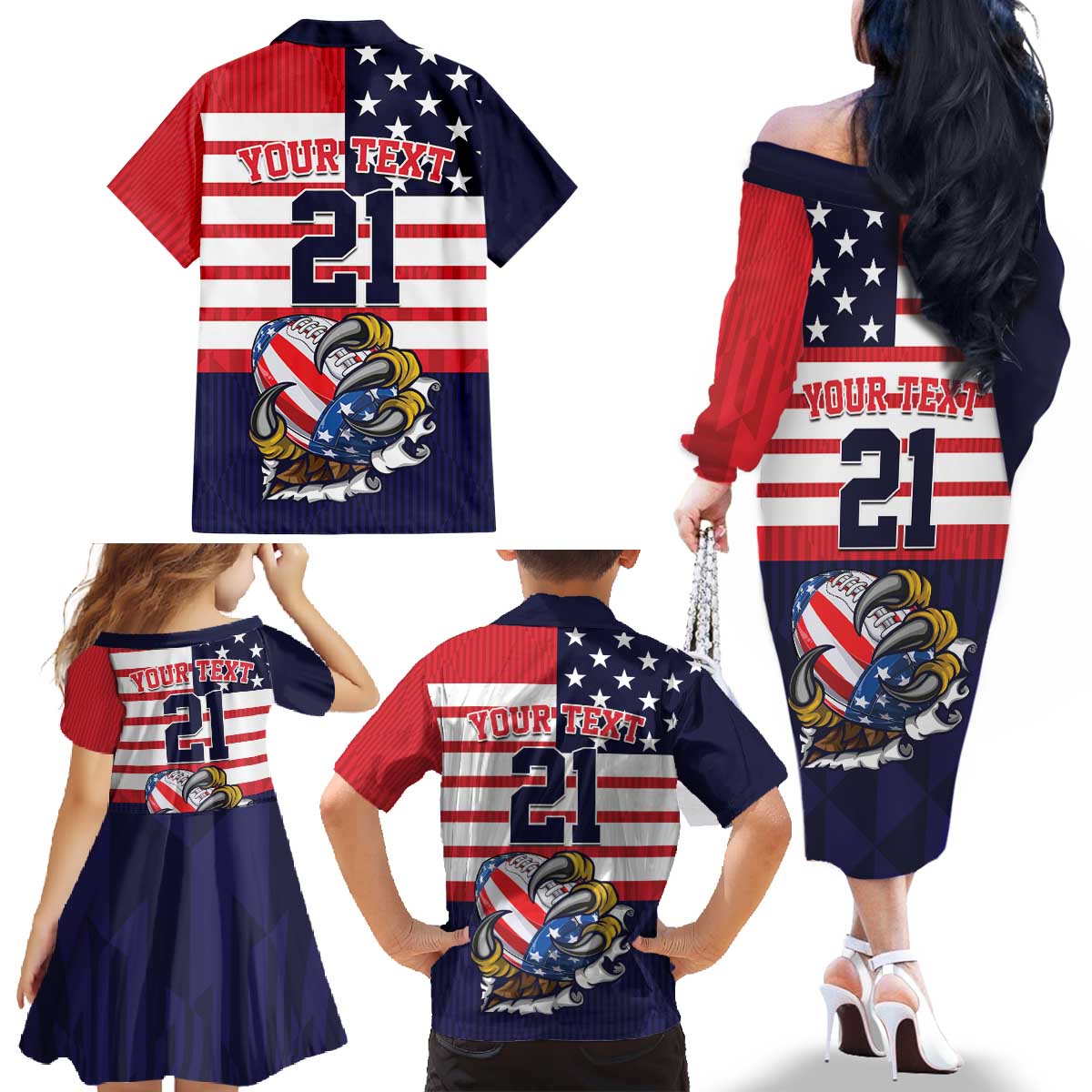 United States Football Custom Family Matching Off The Shoulder Long Sleeve Dress and Hawaiian Shirt Team USA One For All