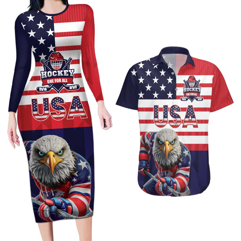 United States Ice Hockey Custom Couples Matching Long Sleeve Bodycon Dress and Hawaiian Shirt Team USA One For All