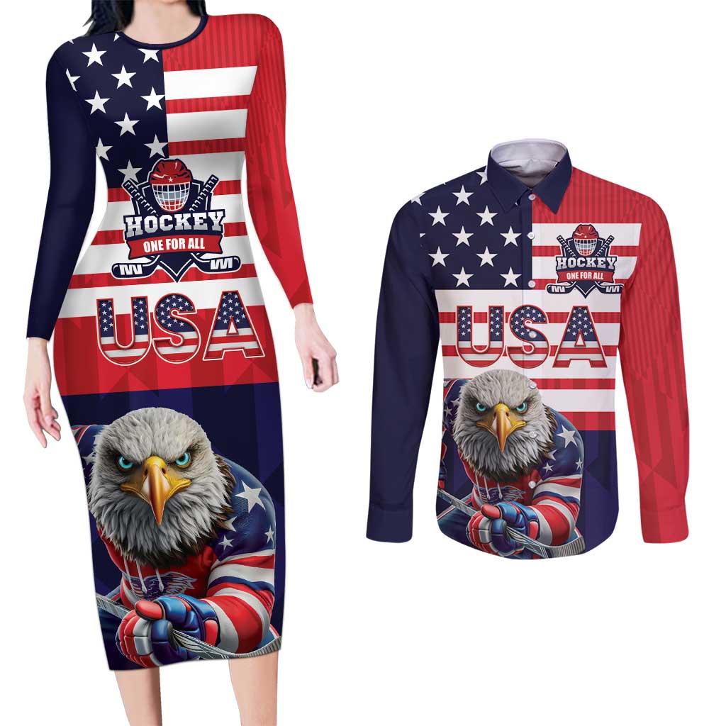 United States Ice Hockey Custom Couples Matching Long Sleeve Bodycon Dress and Long Sleeve Button Shirt Team USA One For All