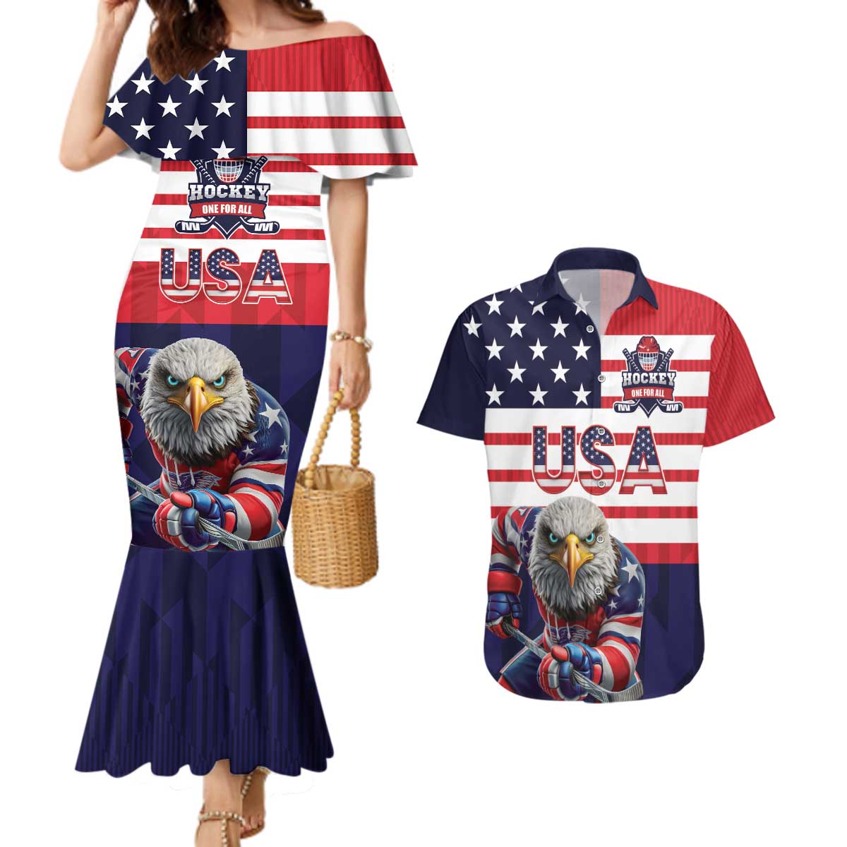 United States Ice Hockey Custom Couples Matching Mermaid Dress and Hawaiian Shirt Team USA One For All