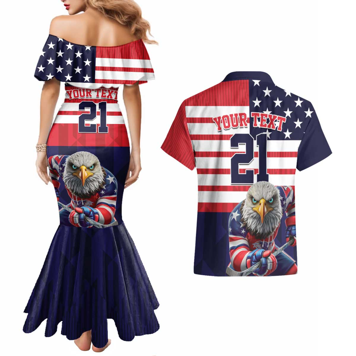 United States Ice Hockey Custom Couples Matching Mermaid Dress and Hawaiian Shirt Team USA One For All