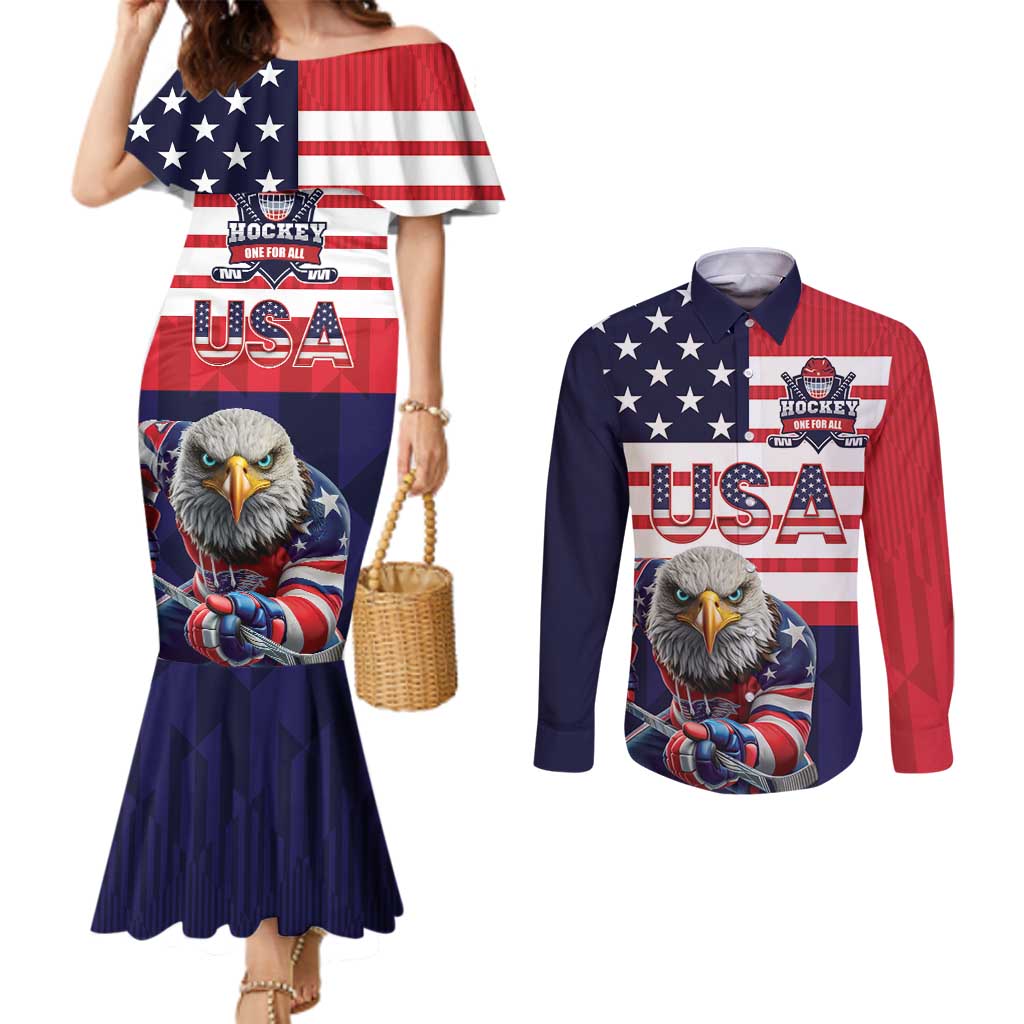 United States Ice Hockey Custom Couples Matching Mermaid Dress and Long Sleeve Button Shirt Team USA One For All