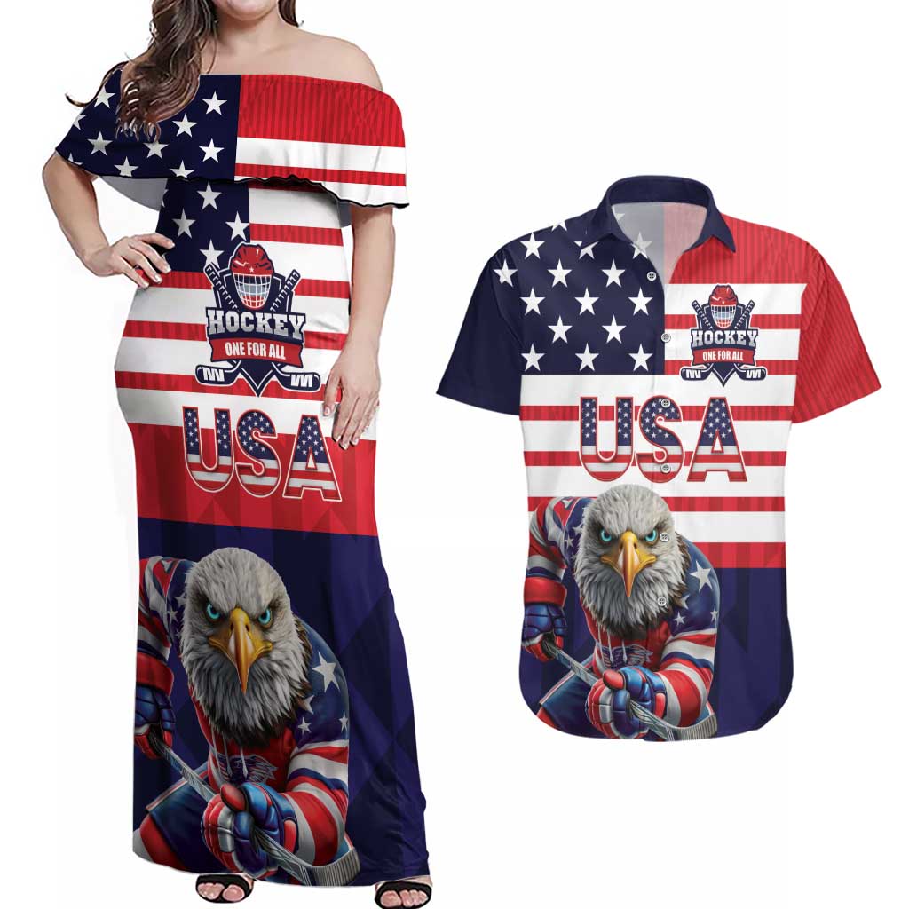 United States Ice Hockey Custom Couples Matching Off Shoulder Maxi Dress and Hawaiian Shirt Team USA One For All
