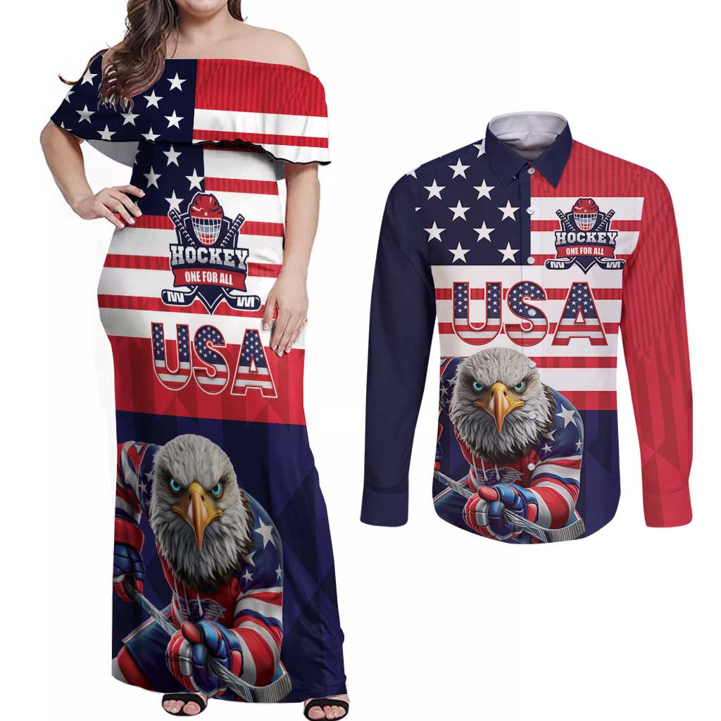 United States Ice Hockey Custom Couples Matching Off Shoulder Maxi Dress and Long Sleeve Button Shirt Team USA One For All
