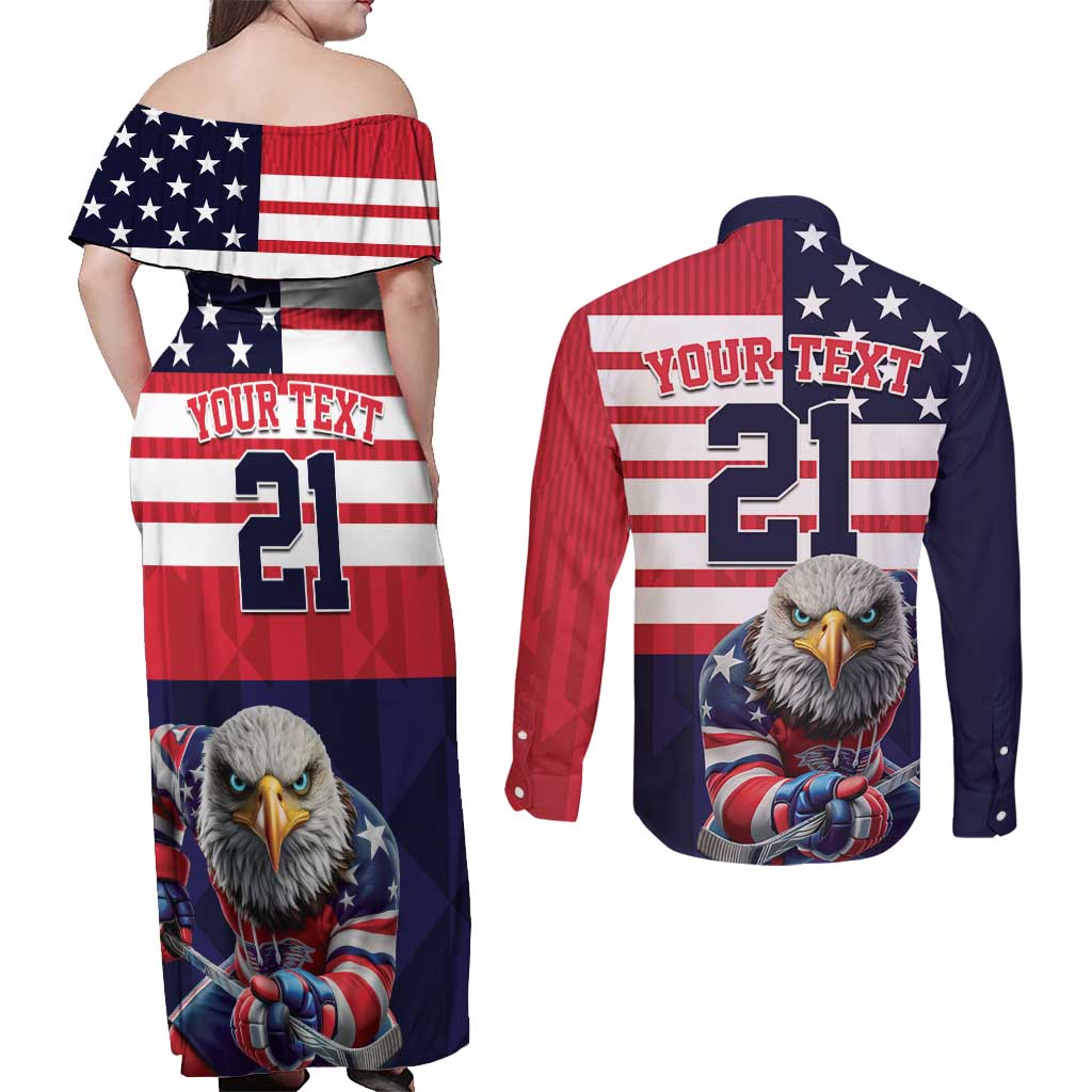 United States Ice Hockey Custom Couples Matching Off Shoulder Maxi Dress and Long Sleeve Button Shirt Team USA One For All